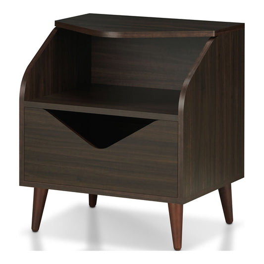 Left angled mid-century modern wenge one-drawer end table on a white background