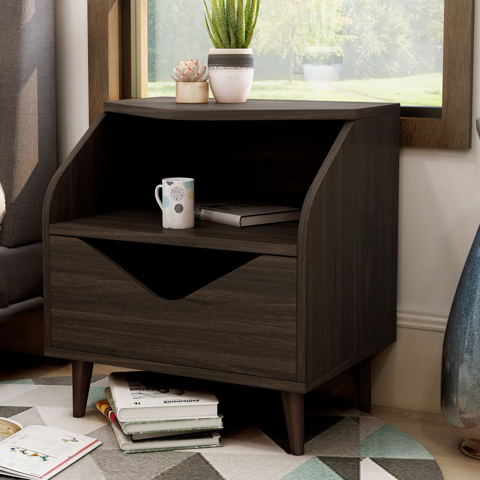 Left angled mid-century modern wenge one-drawer end table in a living rea with accessories