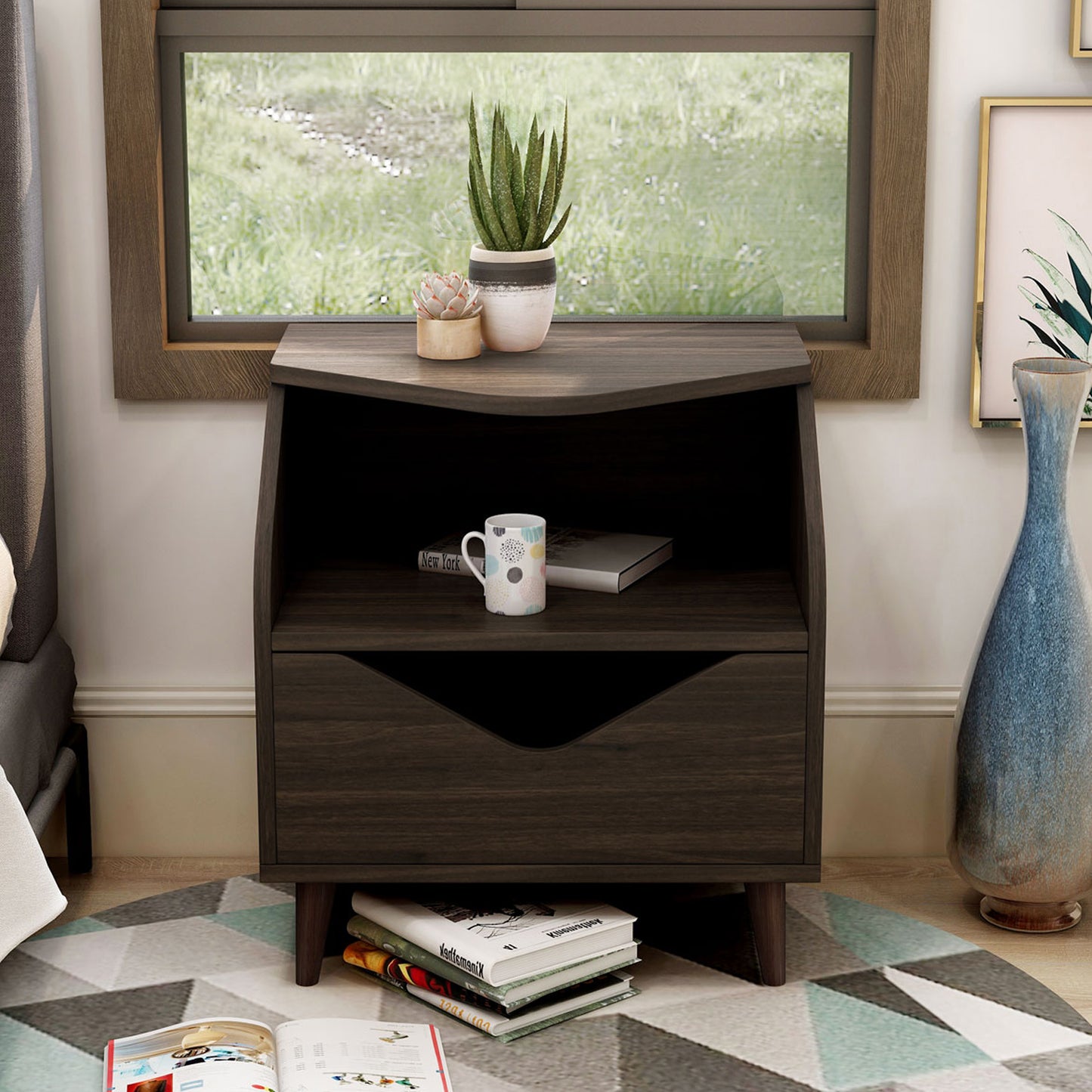 Front-facing mid-century modern wenge one-drawer end table in a living rea with accessories