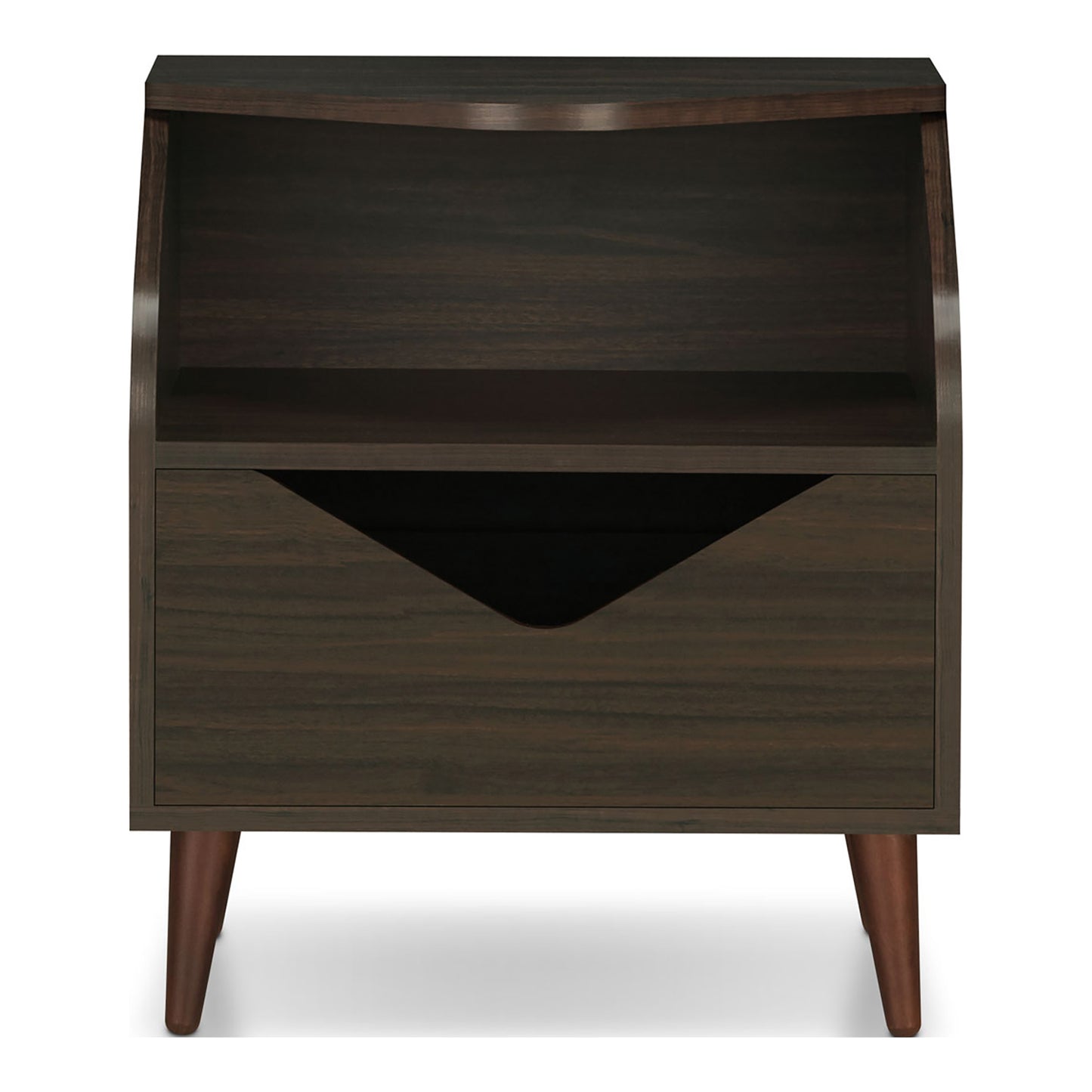 Front-facing mid-century modern wenge one-drawer end table on a white background
