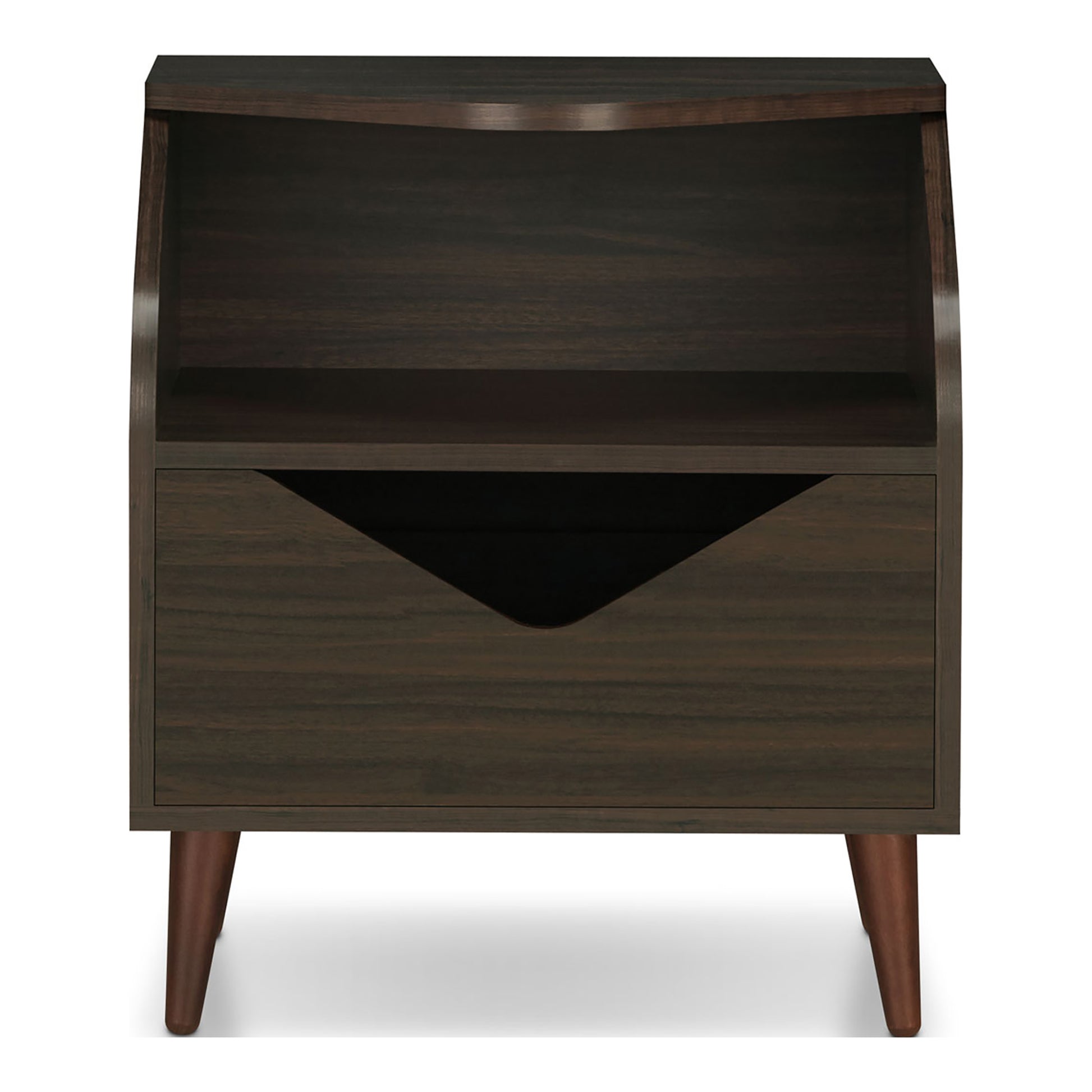 Front-facing mid-century modern wenge one-drawer end table on a white background