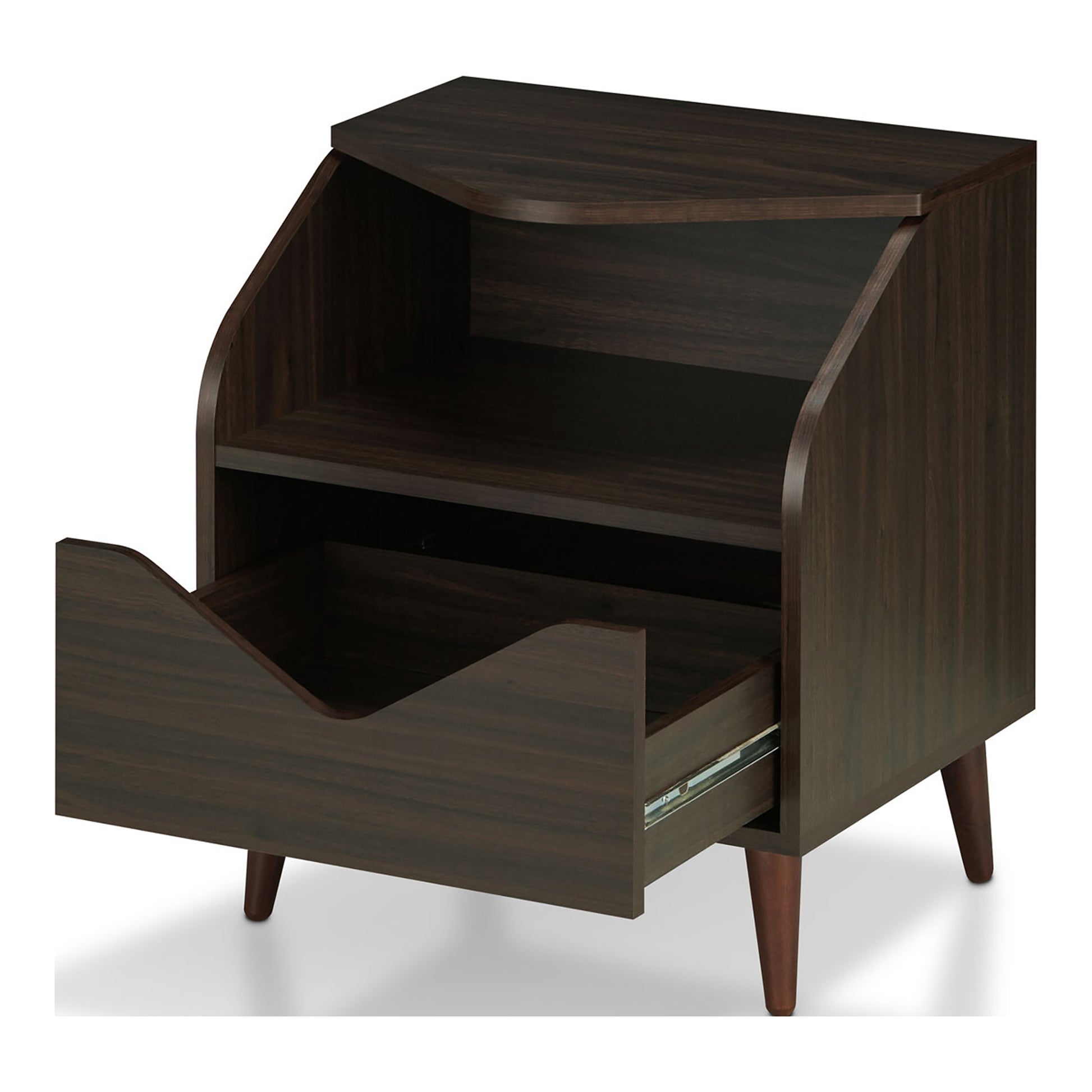 Left angled mid-century modern wenge one-drawer end table with drawer open on a white background