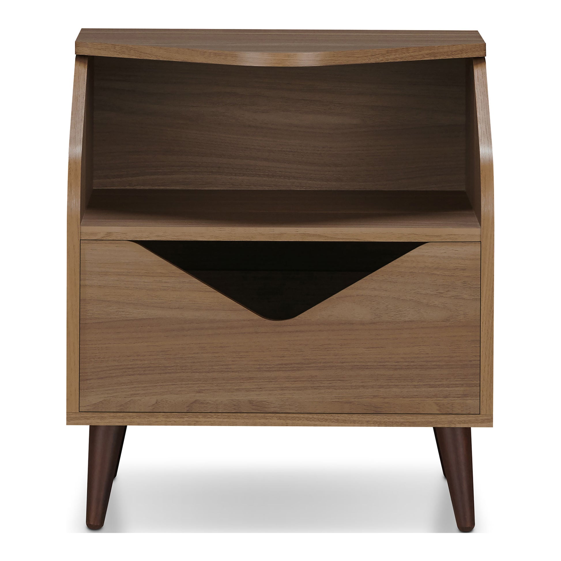 Front-facing mid-century modern honey walnut one-drawer end table on a white background