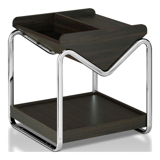 Right angled contemporary wenge and chrome three-shelf end table on a white background
