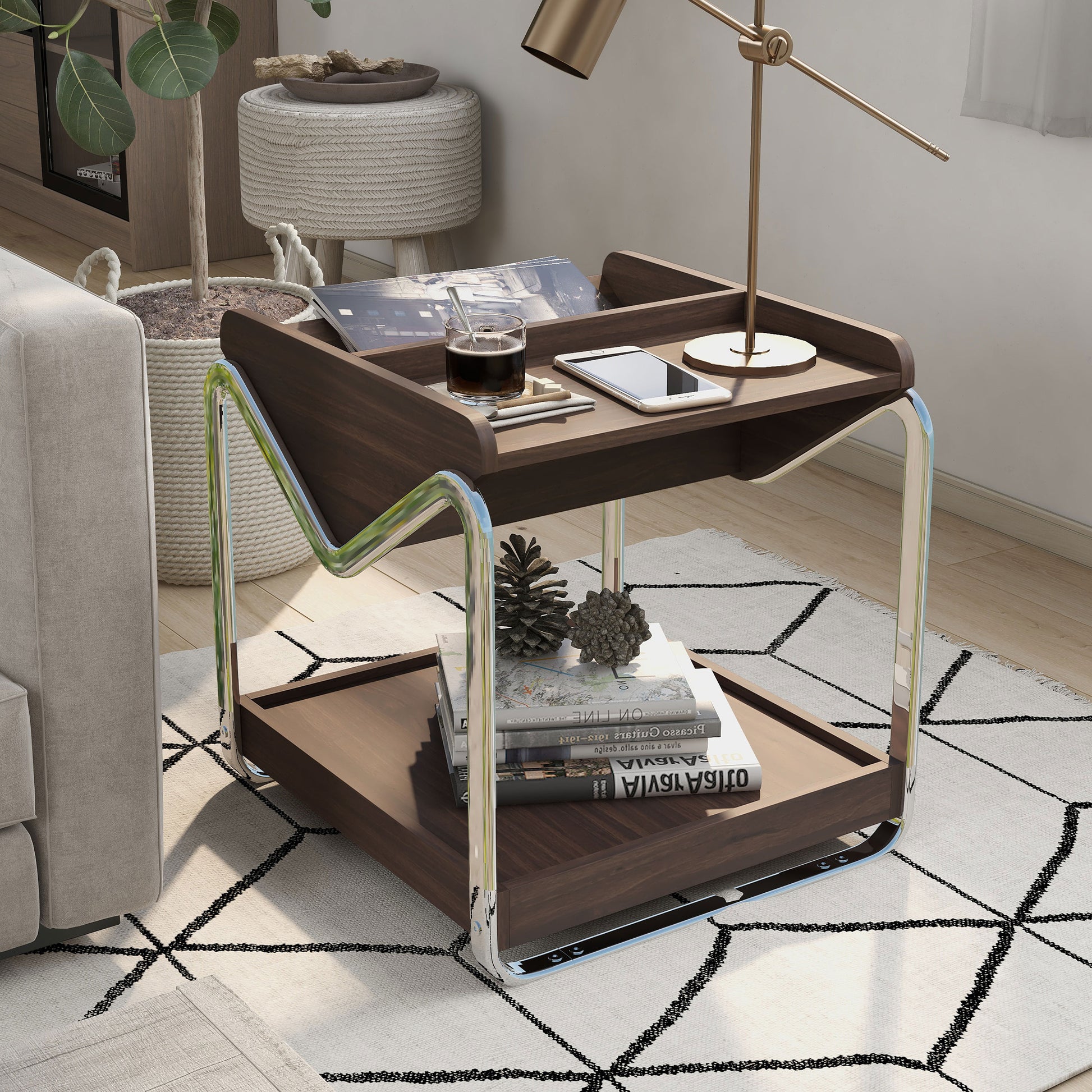 Right angled contemporary wenge and chrome three-shelf end table in a living room with accessories