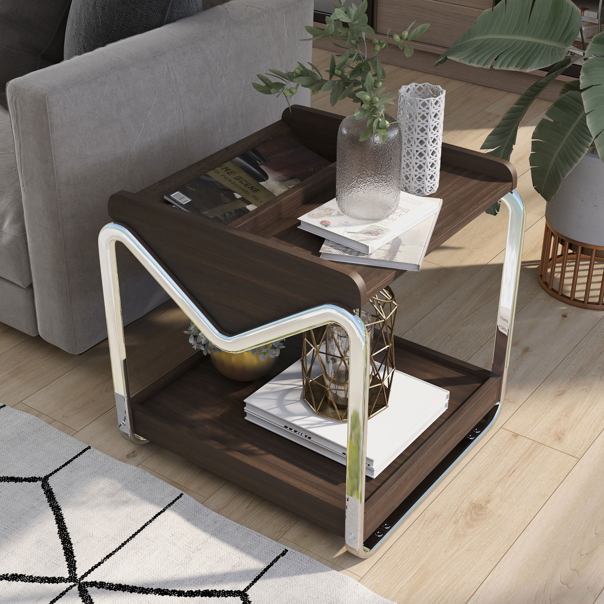 Left angled bird's eye view of a contemporary wenge and chrome three-shelf end table in a living room with accessories