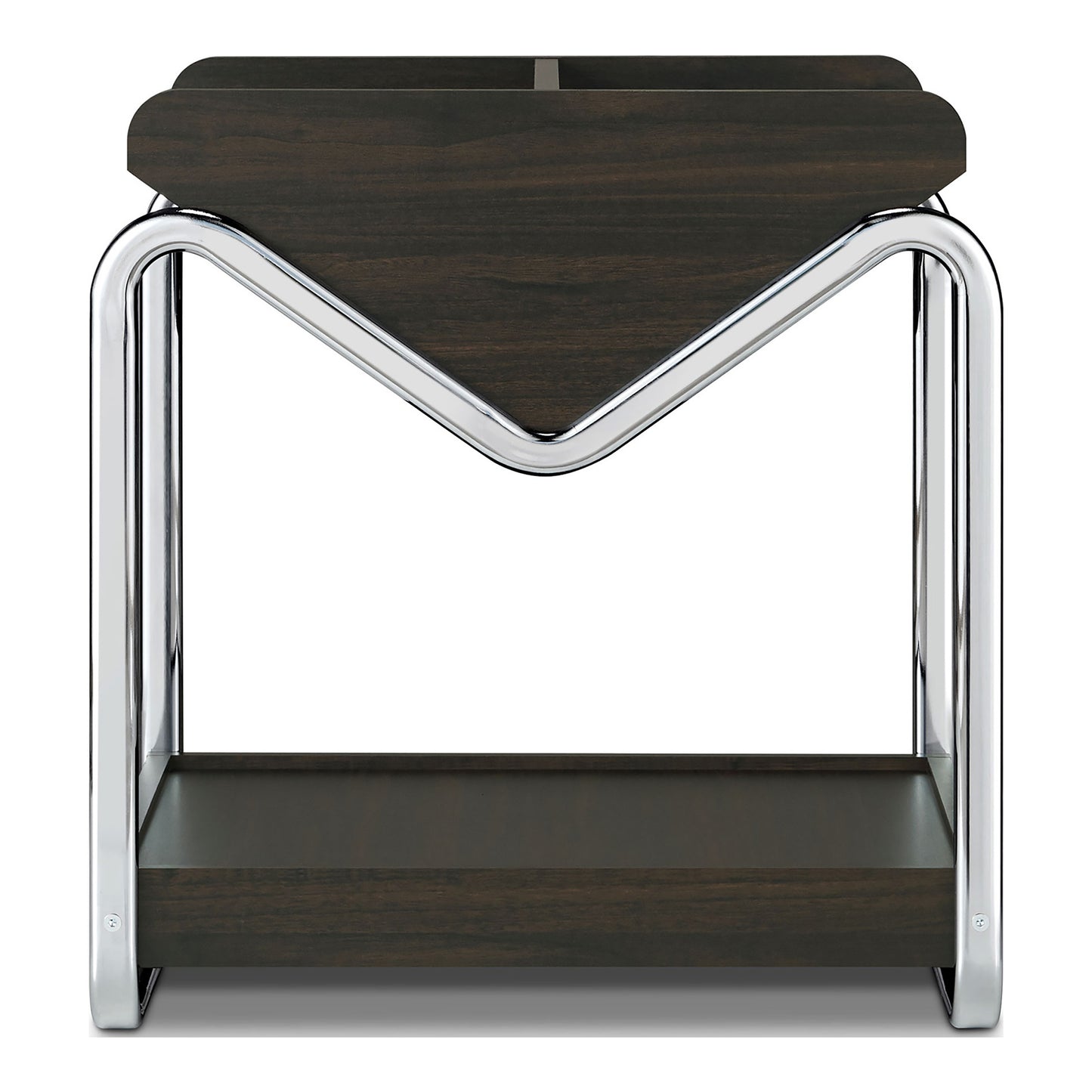 Front-facing contemporary wenge and chrome three-shelf end table on a white background
