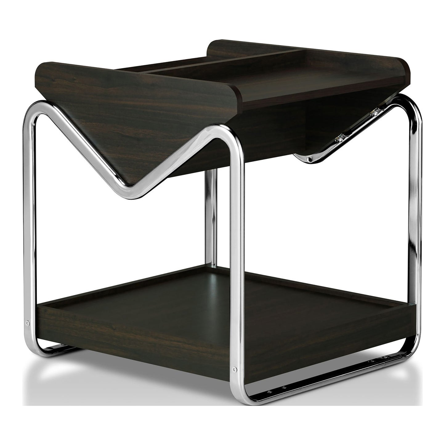 Angled contemporary wenge and chrome three-shelf end table in a living room with accessories