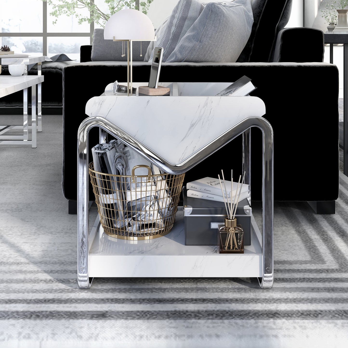 Front-facing contemporary faux white marble and chrome three-shelf end table in a living room with accessories