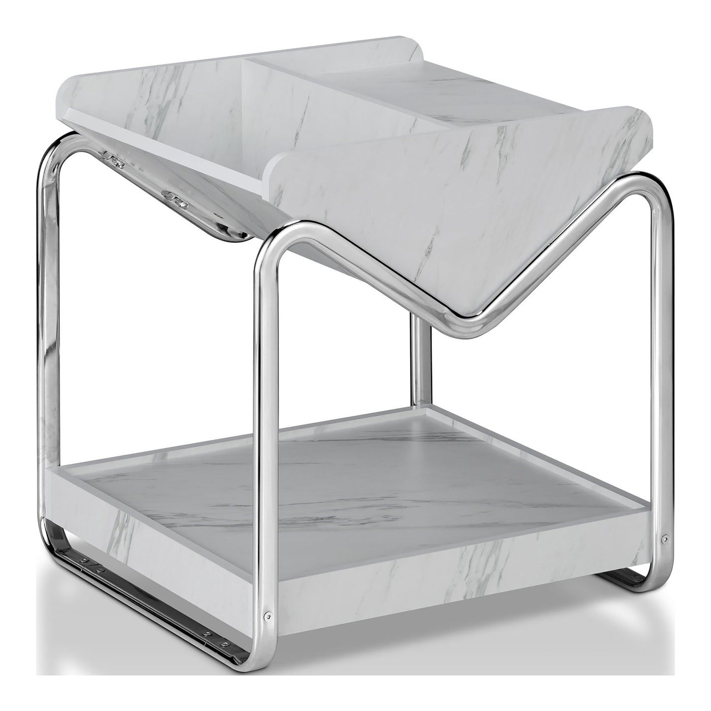 Right angled contemporary faux white marble and chrome three-shelf end table on a white background