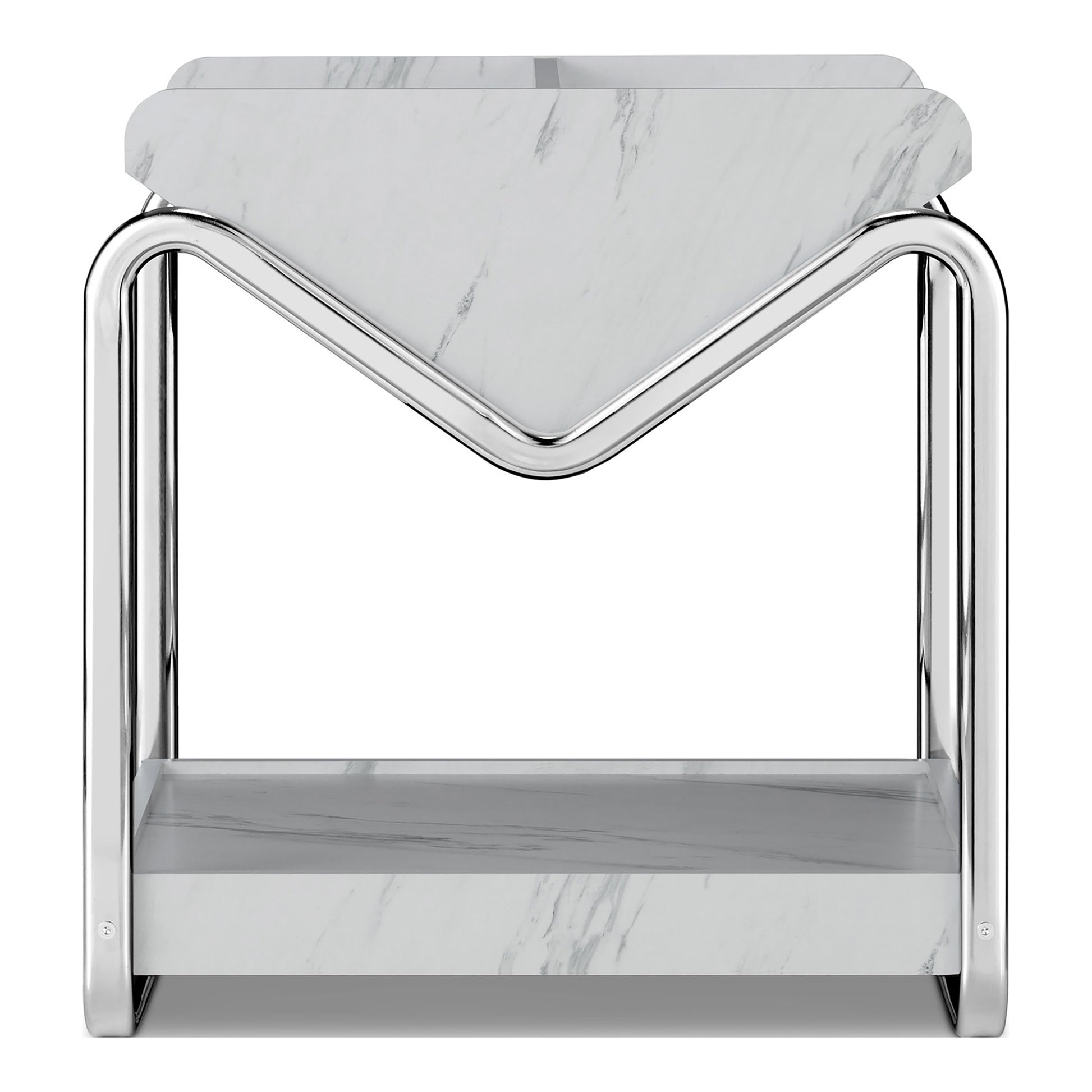 Front facing contemporary faux white marble and chrome three-shelf end table on a white background