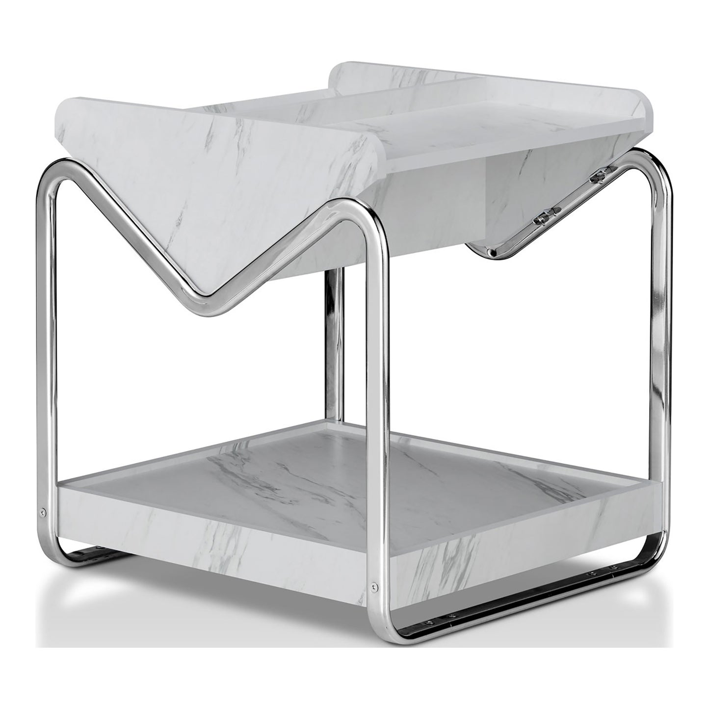 Left angled contemporary faux white marble and chrome three-shelf end table on a white background