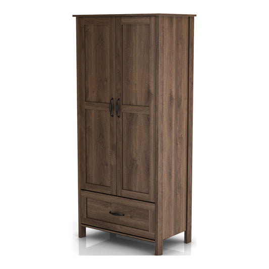 Left angled rustic distressed walnut two-door one-drawer wardrobe closet with a shelf on a white background