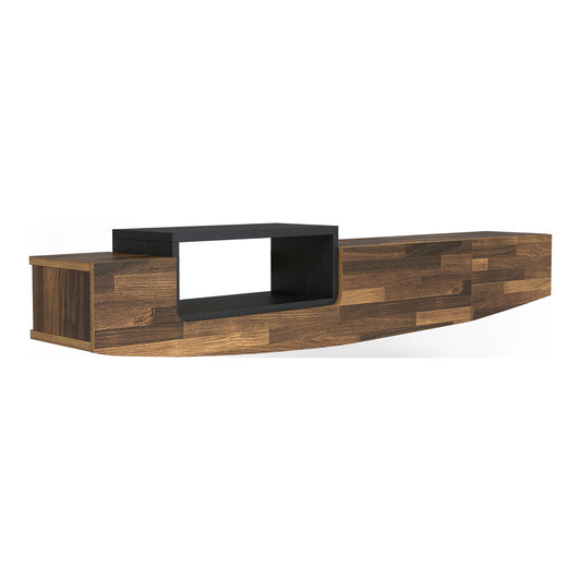 Right angled farmhouse light hickory and black one-drawer lift-top floating TV console on a white background