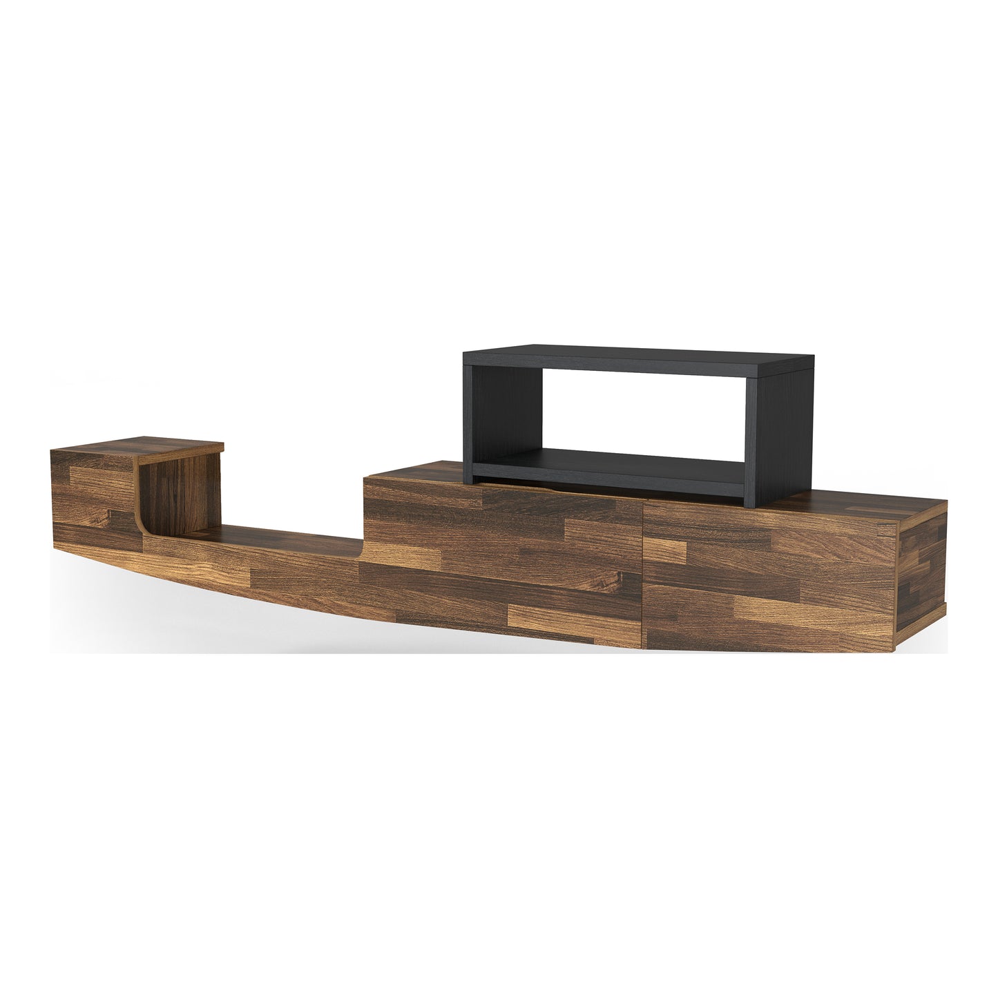 Left angled farmhouse light hickory and black one-drawer lift-top floating TV console with shelf removed on a white background