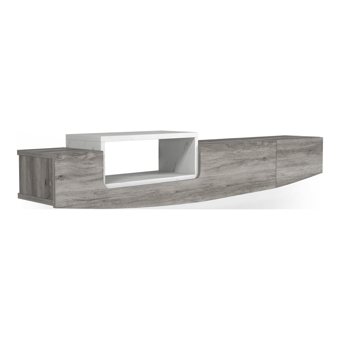 Right angled farmhouse vintage gray oak and white one-drawer lift-top floating TV console on a white background