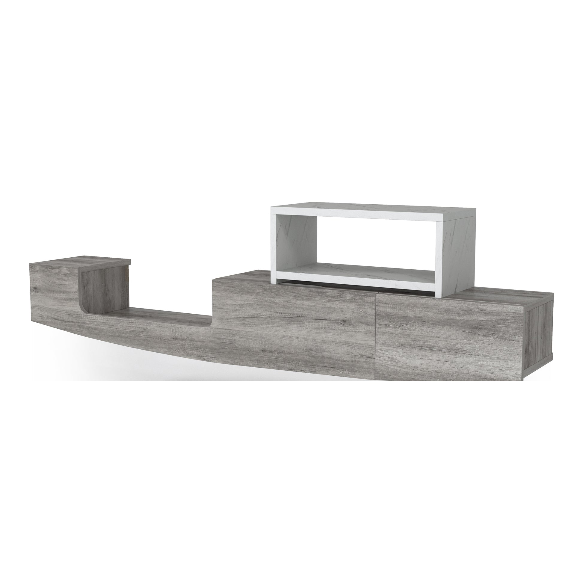 Left angled farmhouse vintage gray oak and white one-drawer lift-top floating TV console with shelf removed on a white background
