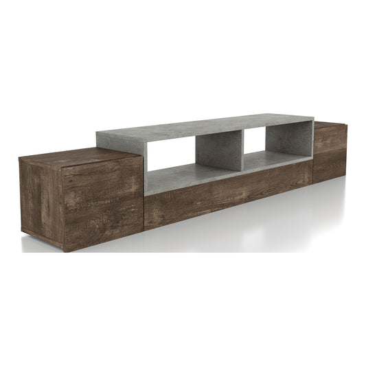 Right angled rustic reclaimed oak and gray wall mountable storage TV console on a white background