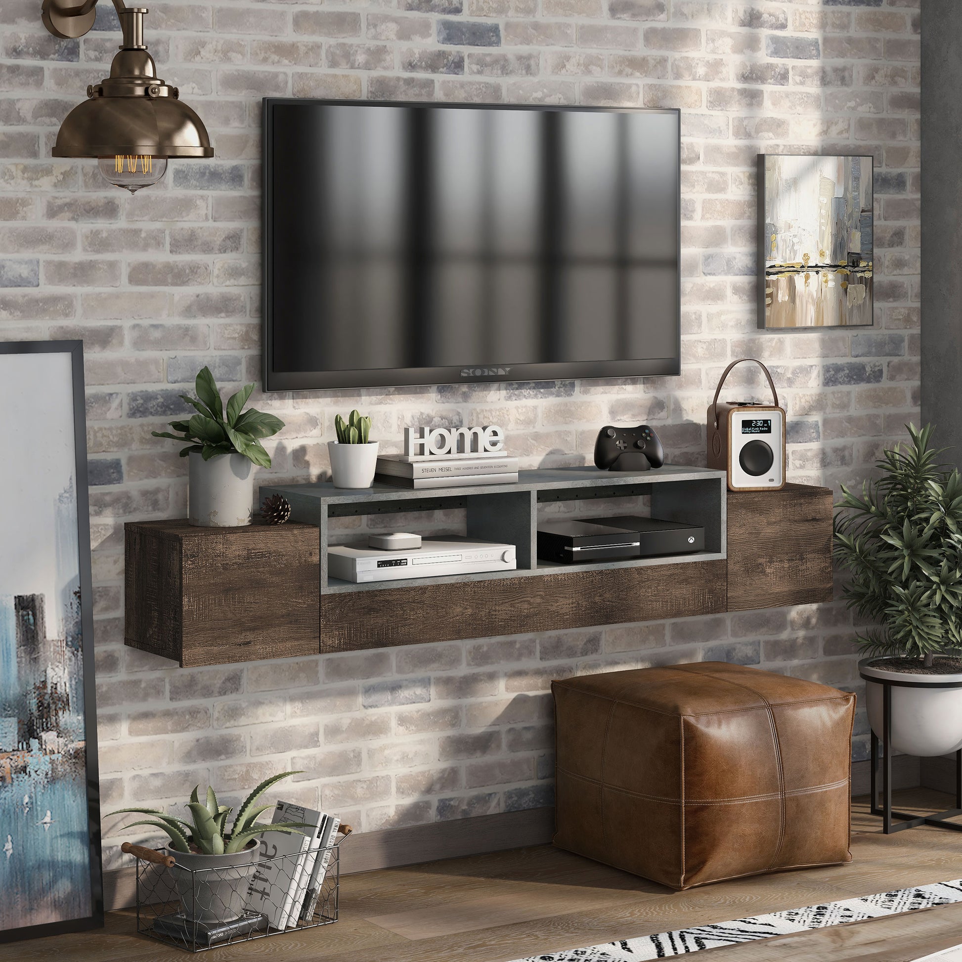 Right angled rustic reclaimed oak and gray wall mountable storage TV console in a living room with accessories