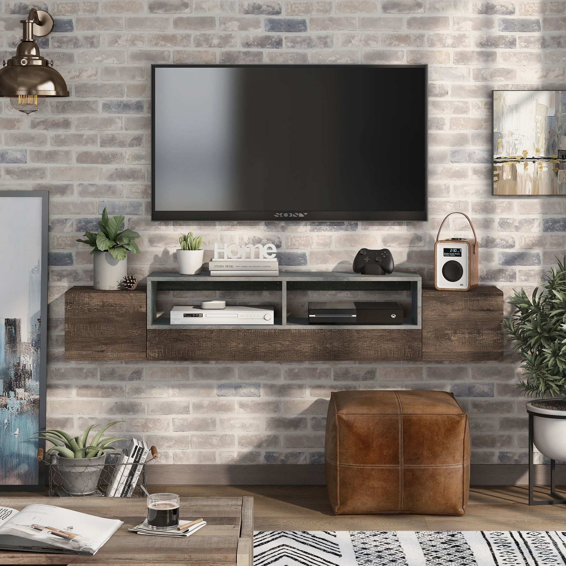 Front-facing rustic reclaimed oak and gray wall mountable storage TV console in a living room with accessories