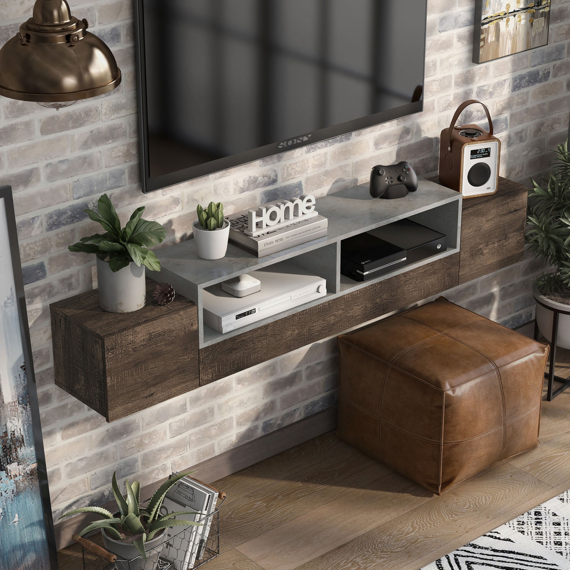 Right angled bird's eye view of a rustic reclaimed oak and gray wall mountable storage TV console in a living room with accessories