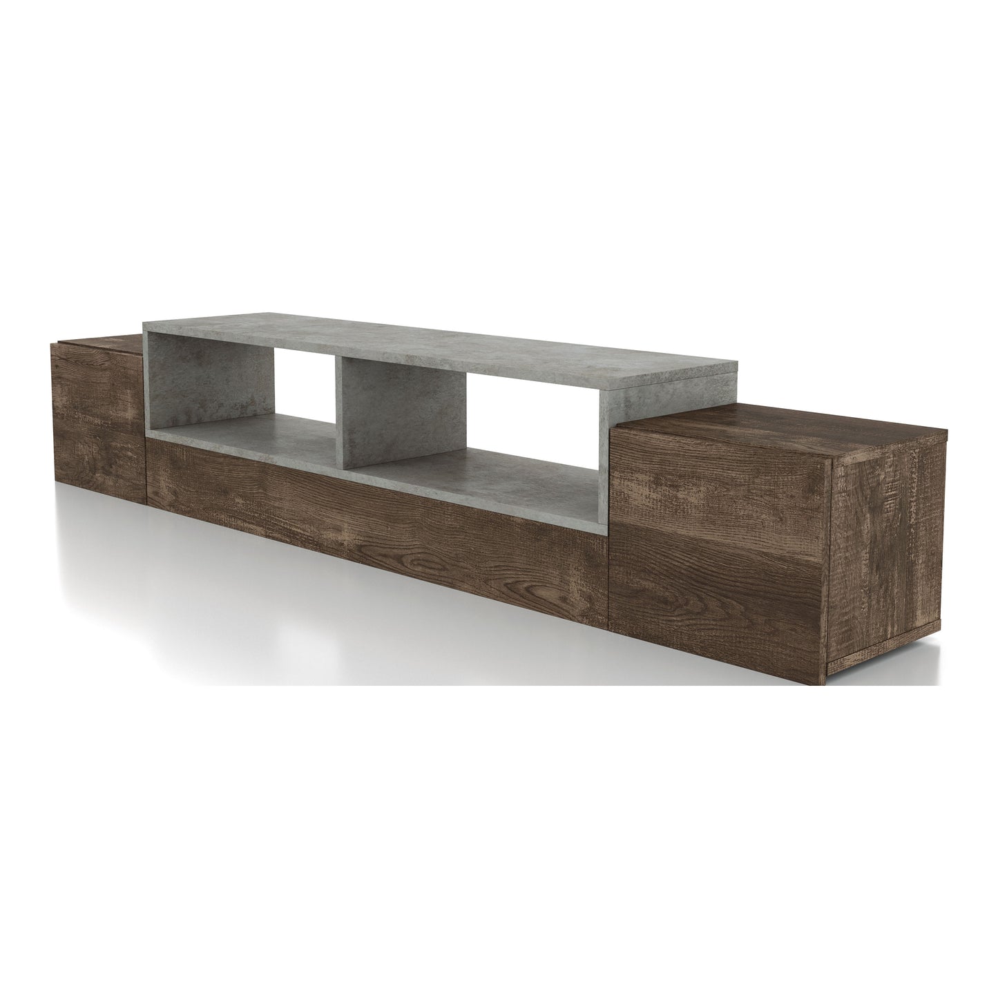 Left angled rustic reclaimed oak and gray wall mountable storage TV console on a white background