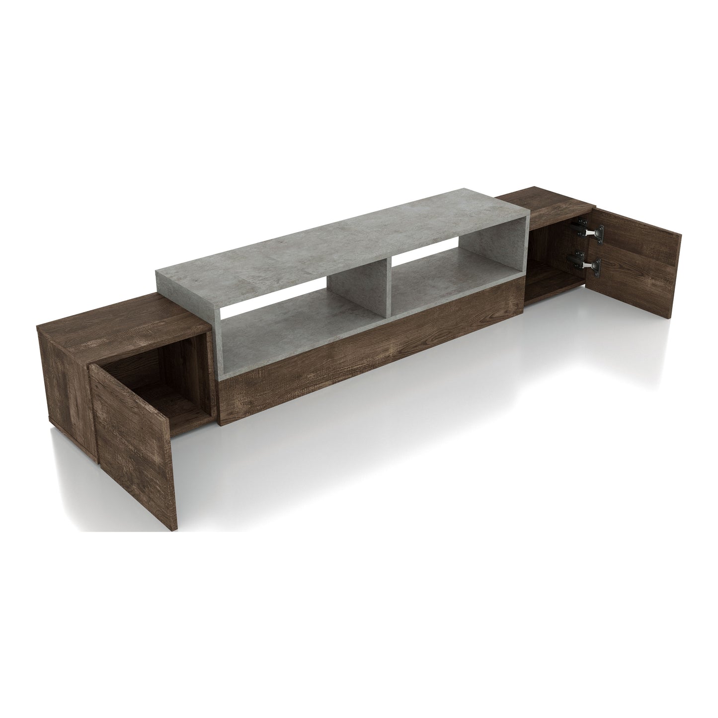 Right angled rustic reclaimed oak and gray wall mountable storage TV console with doors open on a white background