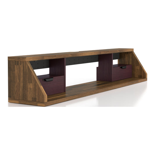 Right angled modern light hickory and wine multi-shelf floating TV console on a white background