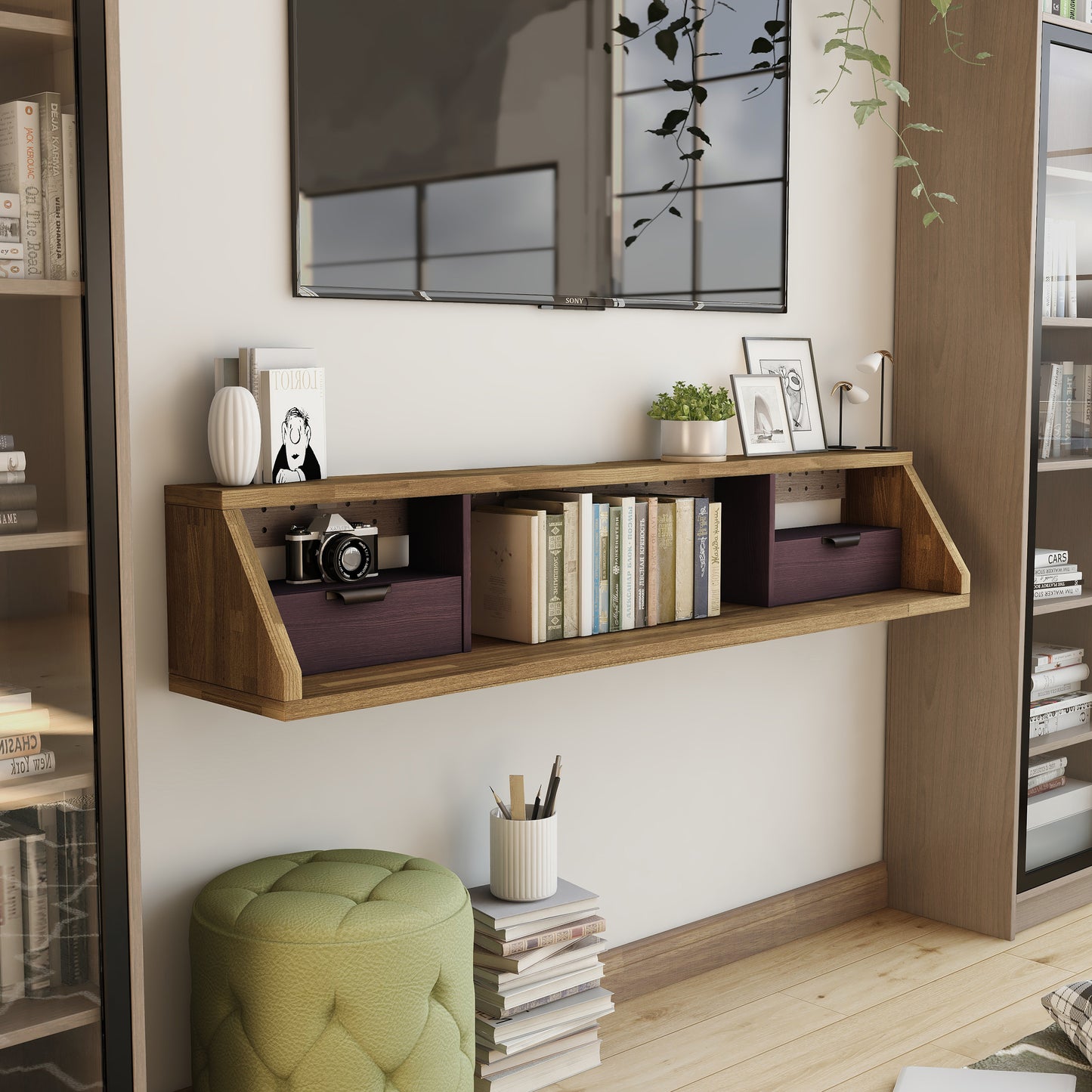 Right angled modern light hickory and wine multi-shelf floating TV console in a living room with accessories