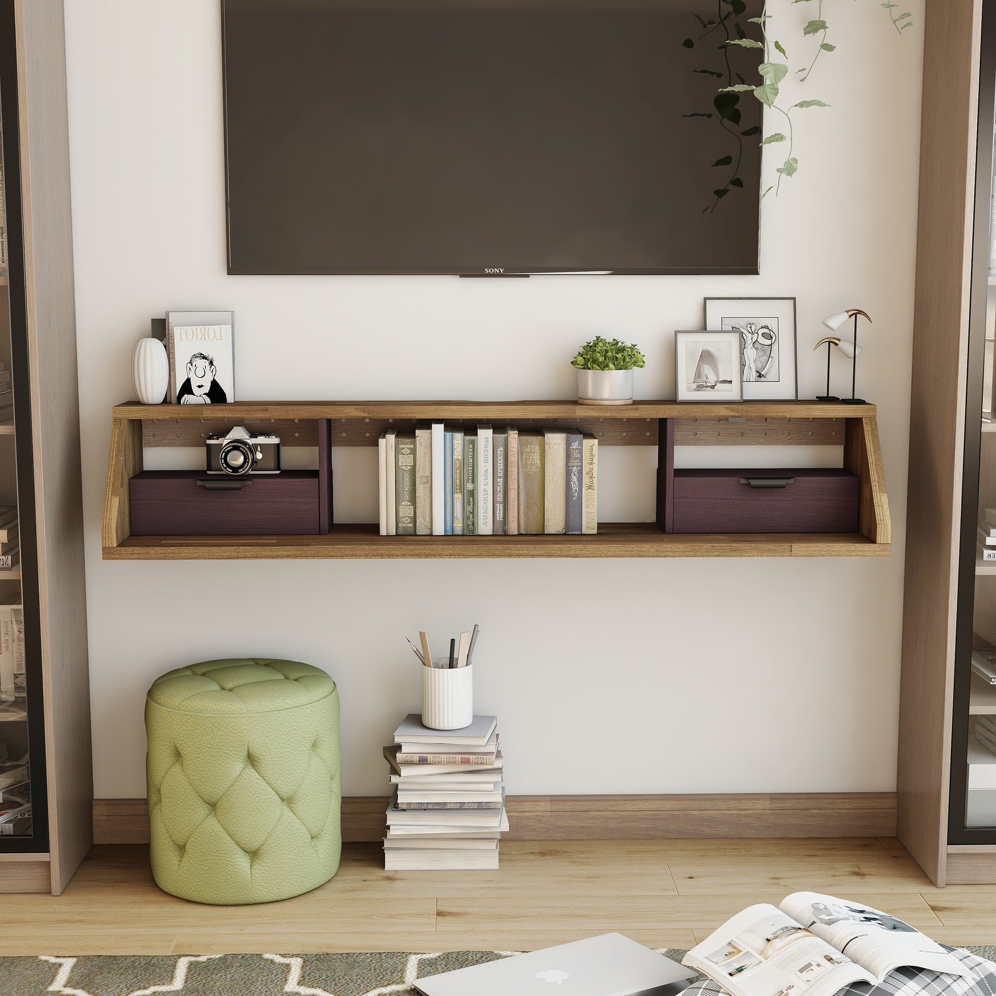 Front-facing modern light hickory and wine multi-shelf floating TV console in a living room with accessories