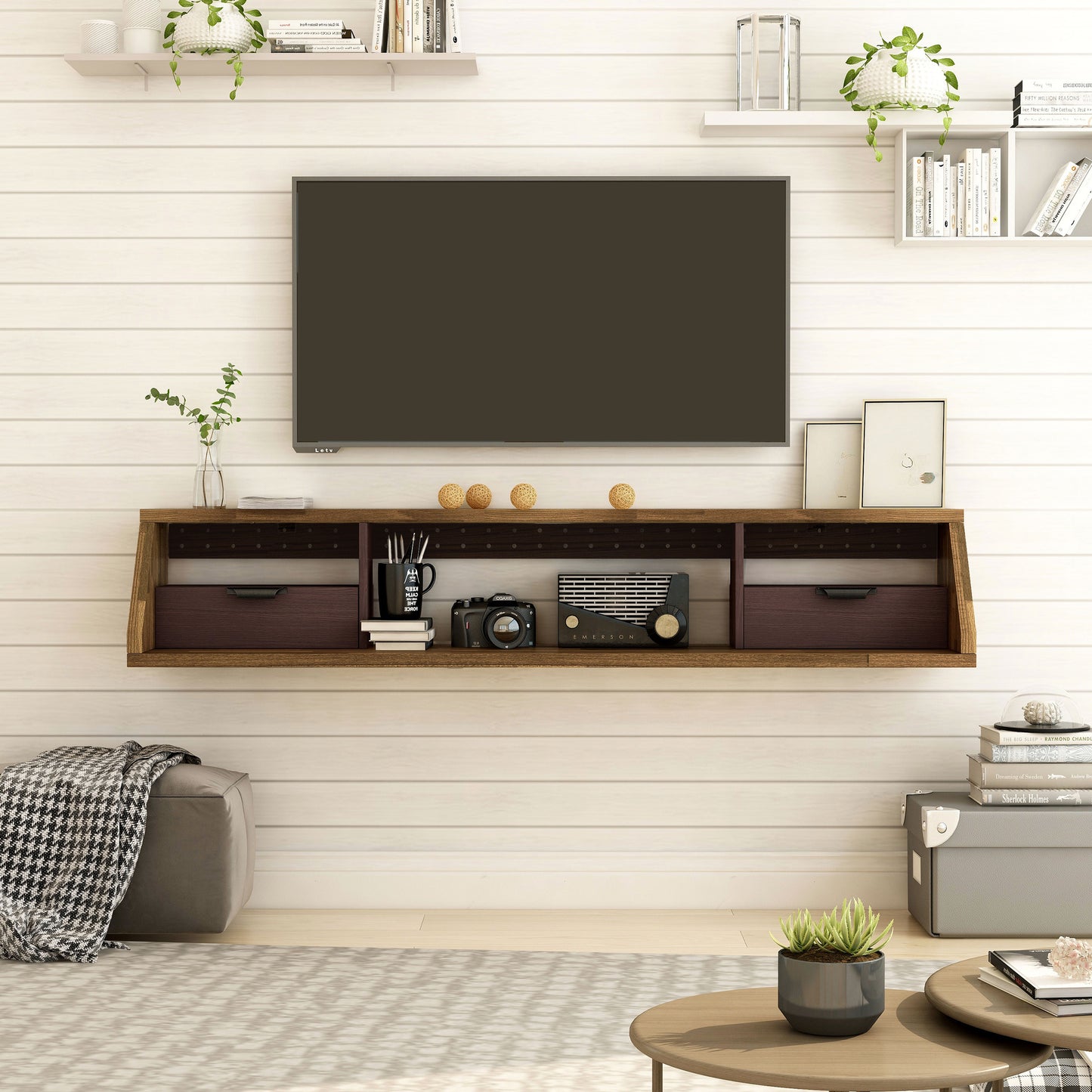 Front-facing modern light hickory and wine multi-shelf floating TV console in a living room with accessories