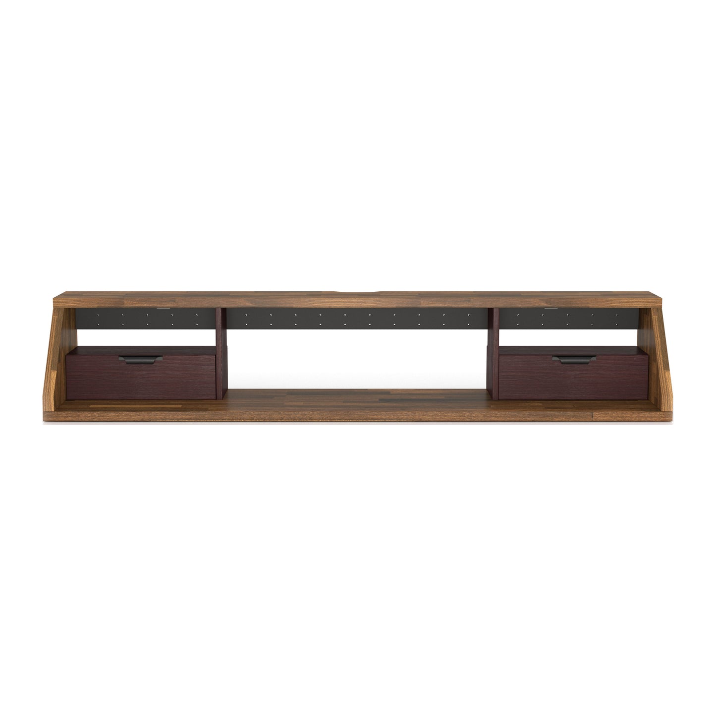 Front-facing modern light hickory and wine multi-shelf floating TV console on a white background