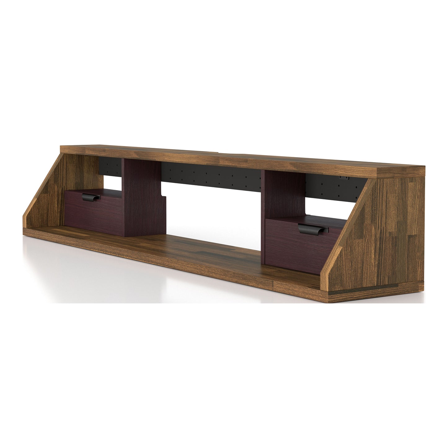 Left angled modern light hickory and wine multi-shelf floating TV console on a white background