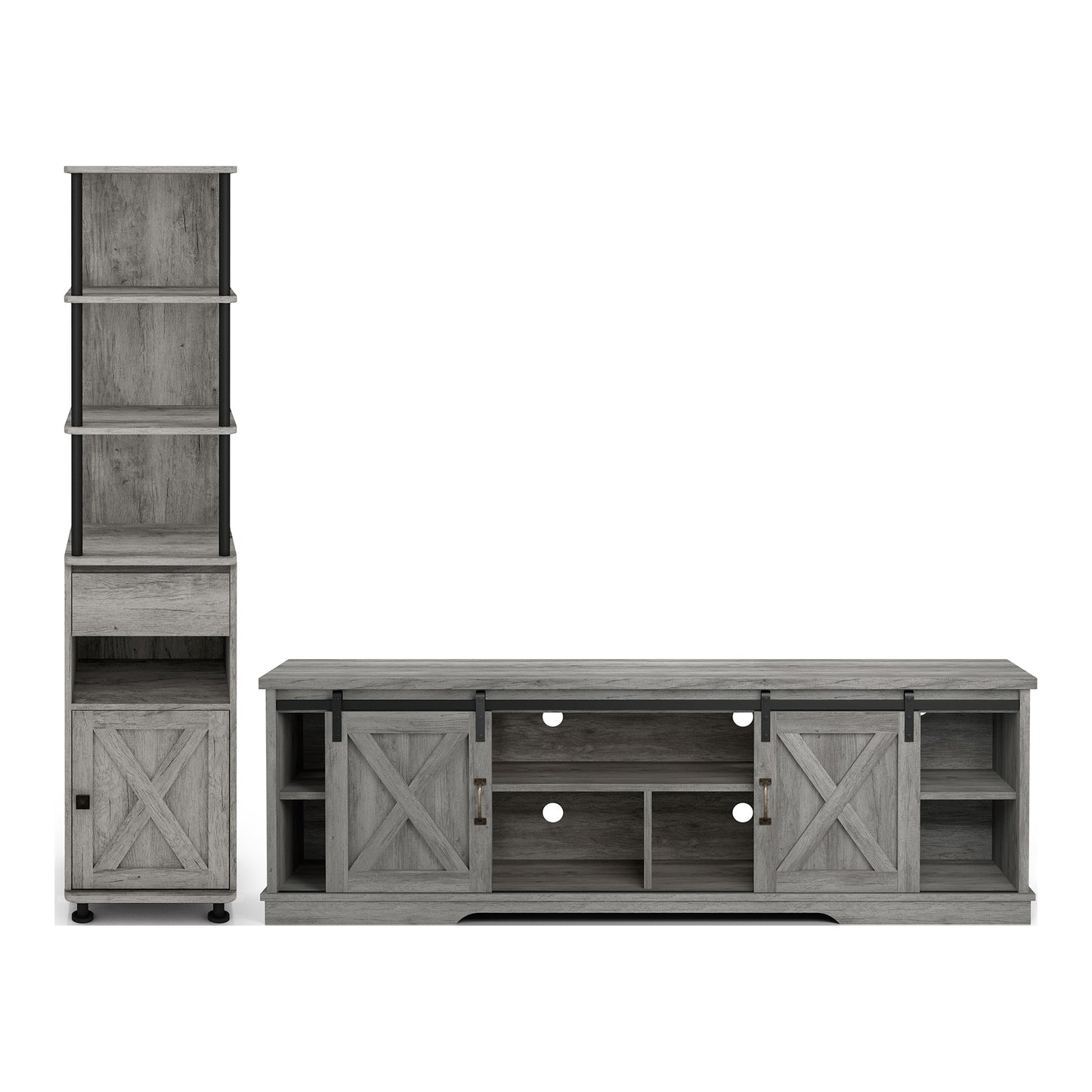 Front-facing two-piece rustic vintage gray oak TV stand and pier entertainment set on a white background