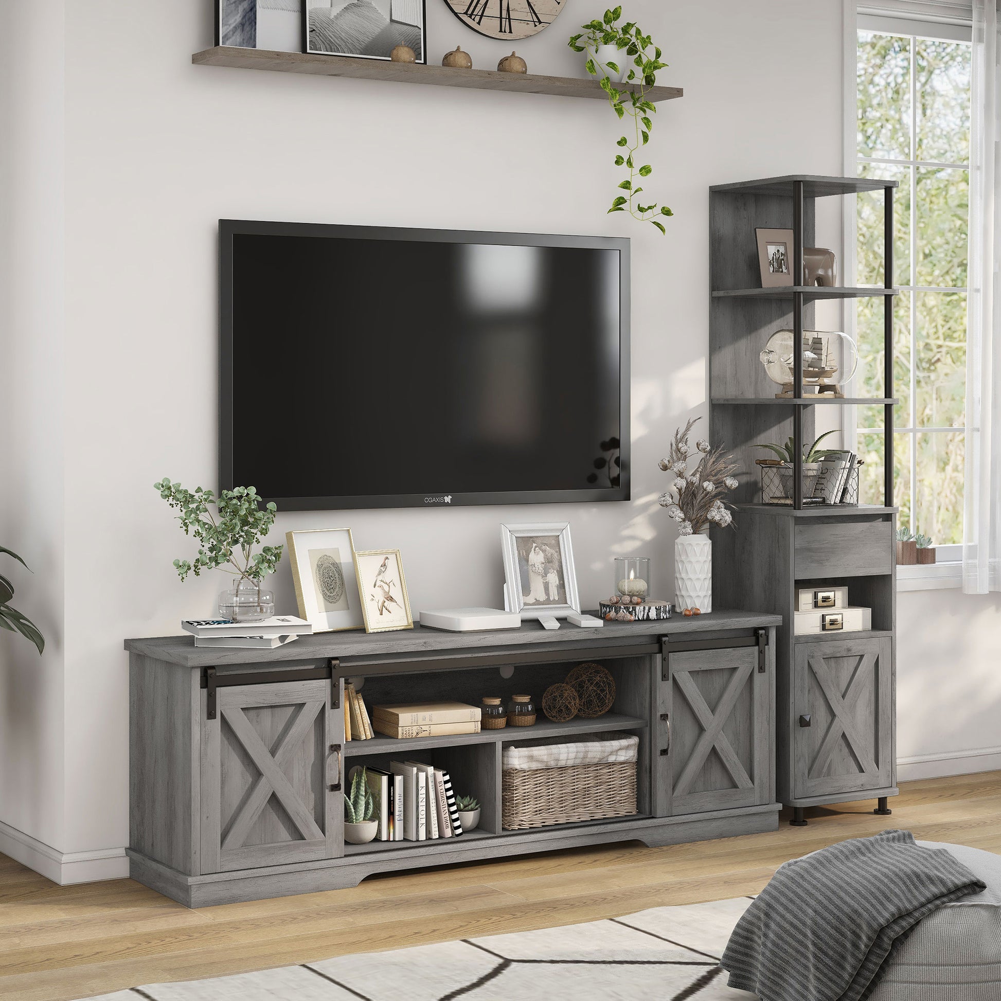 Right angled two-piece rustic vintage gray oak TV stand and pier entertainment set in a living room with accessories