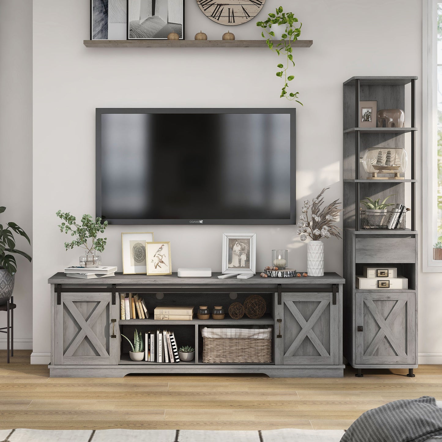 Front facing two-piece rustic vintage gray oak TV stand and pier entertainment set in a living room with accessories