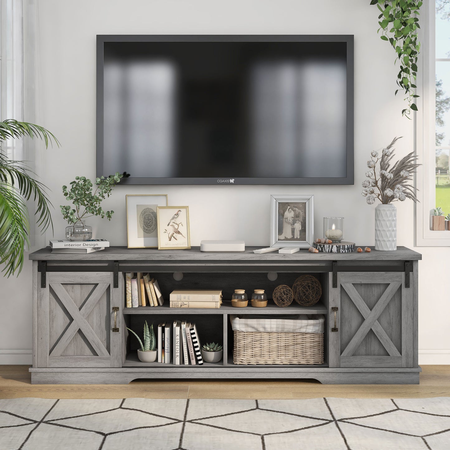 Front facing stand only from a two-piece rustic vintage gray oak TV stand and pier entertainment set in a living room with accessories