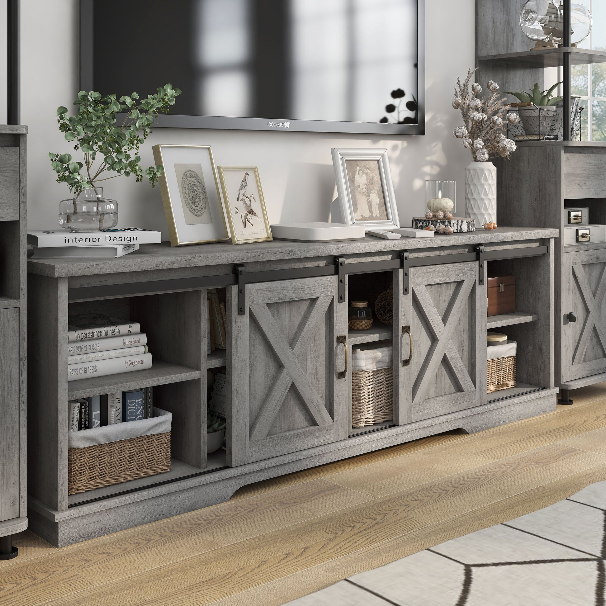 Right angled stand close up from a two-piece rustic vintage gray oak TV stand and pier entertainment set in a living room with accessories