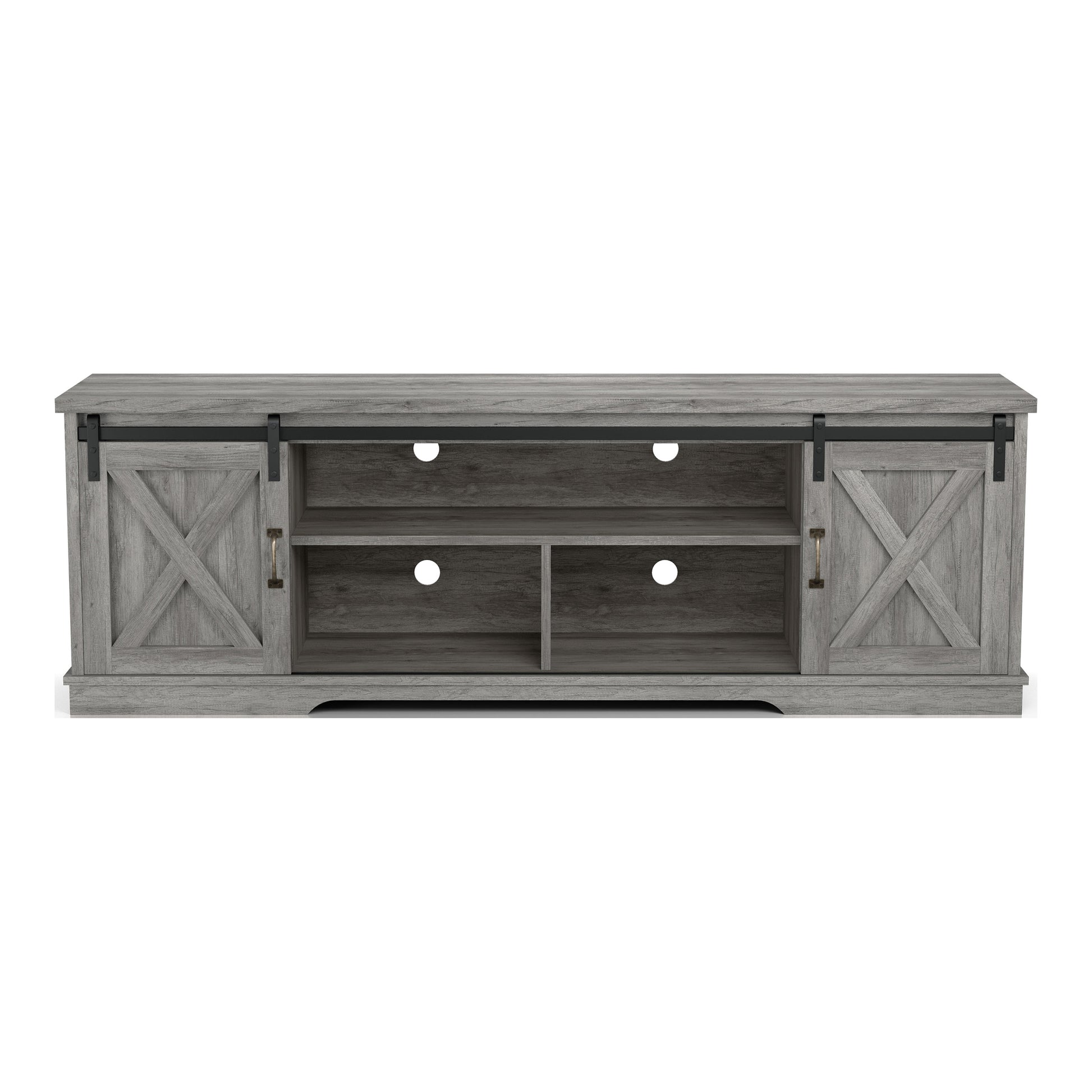 Front-facing stand only from a two-piece rustic vintage gray oak TV stand and pier entertainment set on a white background