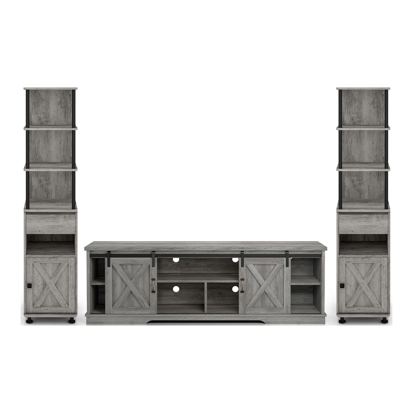 Front-facing three-piece rustic vintage gray oak TV stand and pier entertainment set on a white background