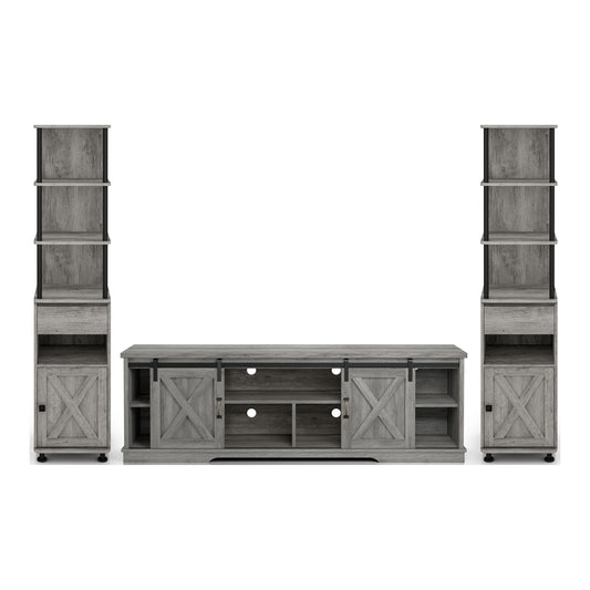Front-facing three-piece rustic vintage gray oak TV stand and pier entertainment set on a white background