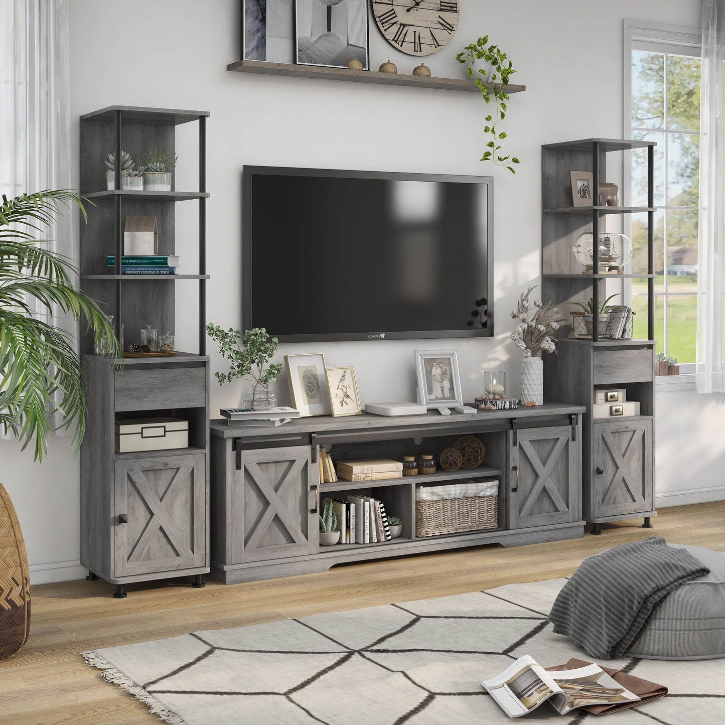 Right angled three-piece rustic vintage gray oak TV stand and pier entertainment set in a living room with accessories