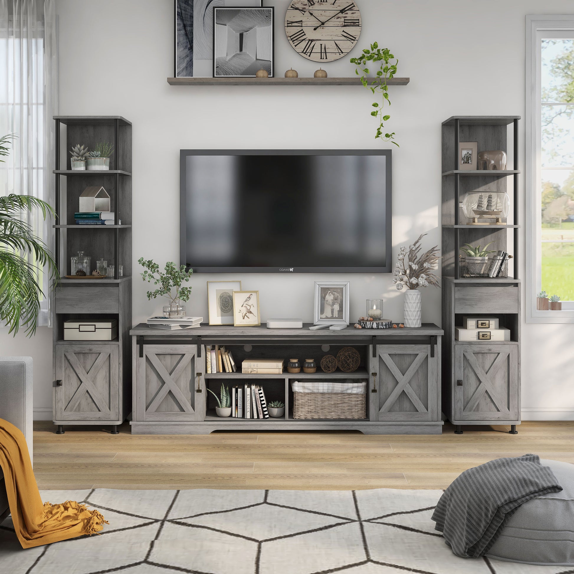Front facing three-piece rustic vintage gray oak TV stand and pier entertainment set in a living room with accessories