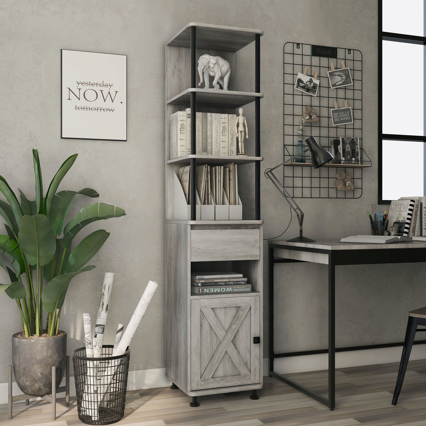 Right angled rustic vintage gray oak one-drawer one-door media pier in a home office with accessories