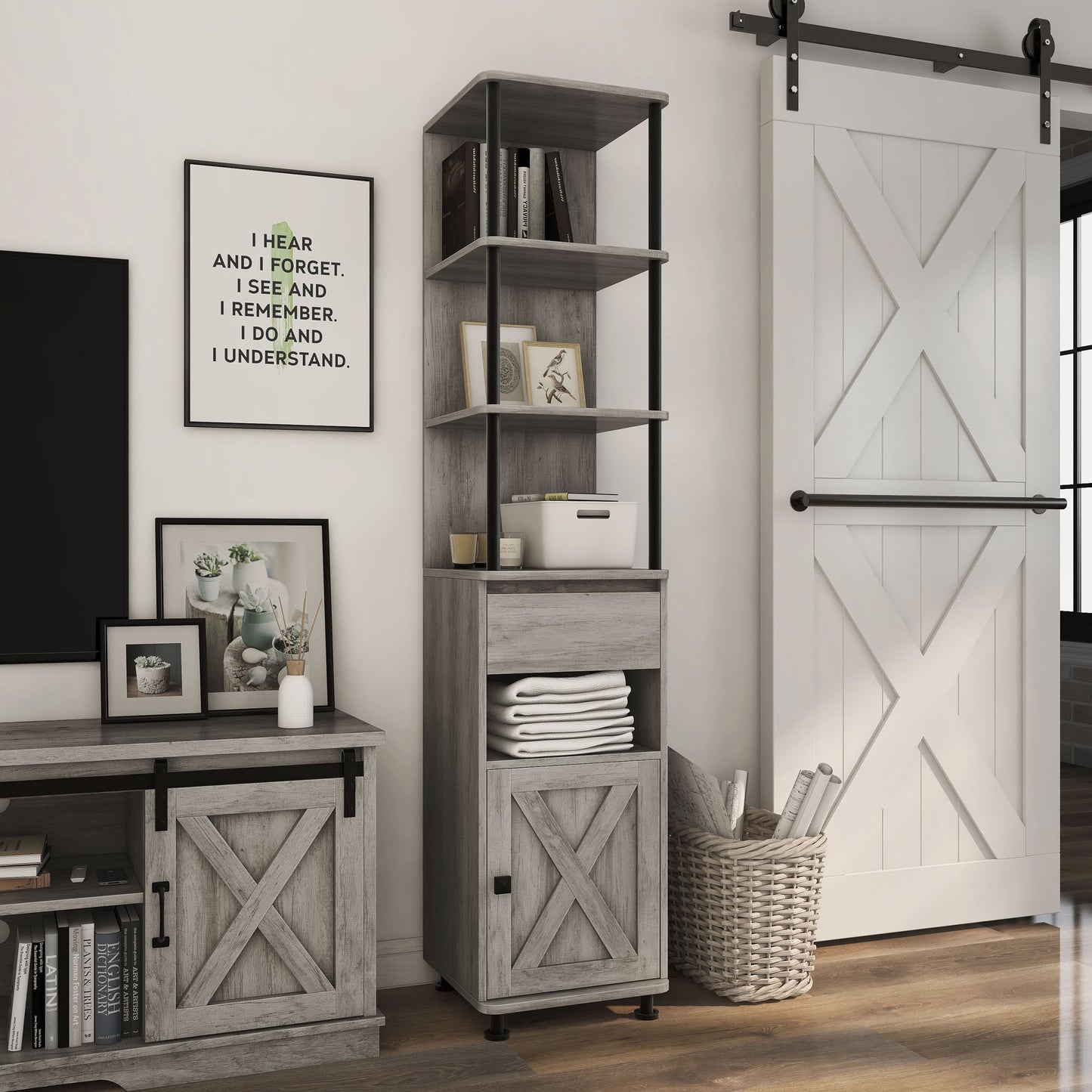 Right angled rustic vintage gray oak one-drawer one-door media pier in a living room with accessories