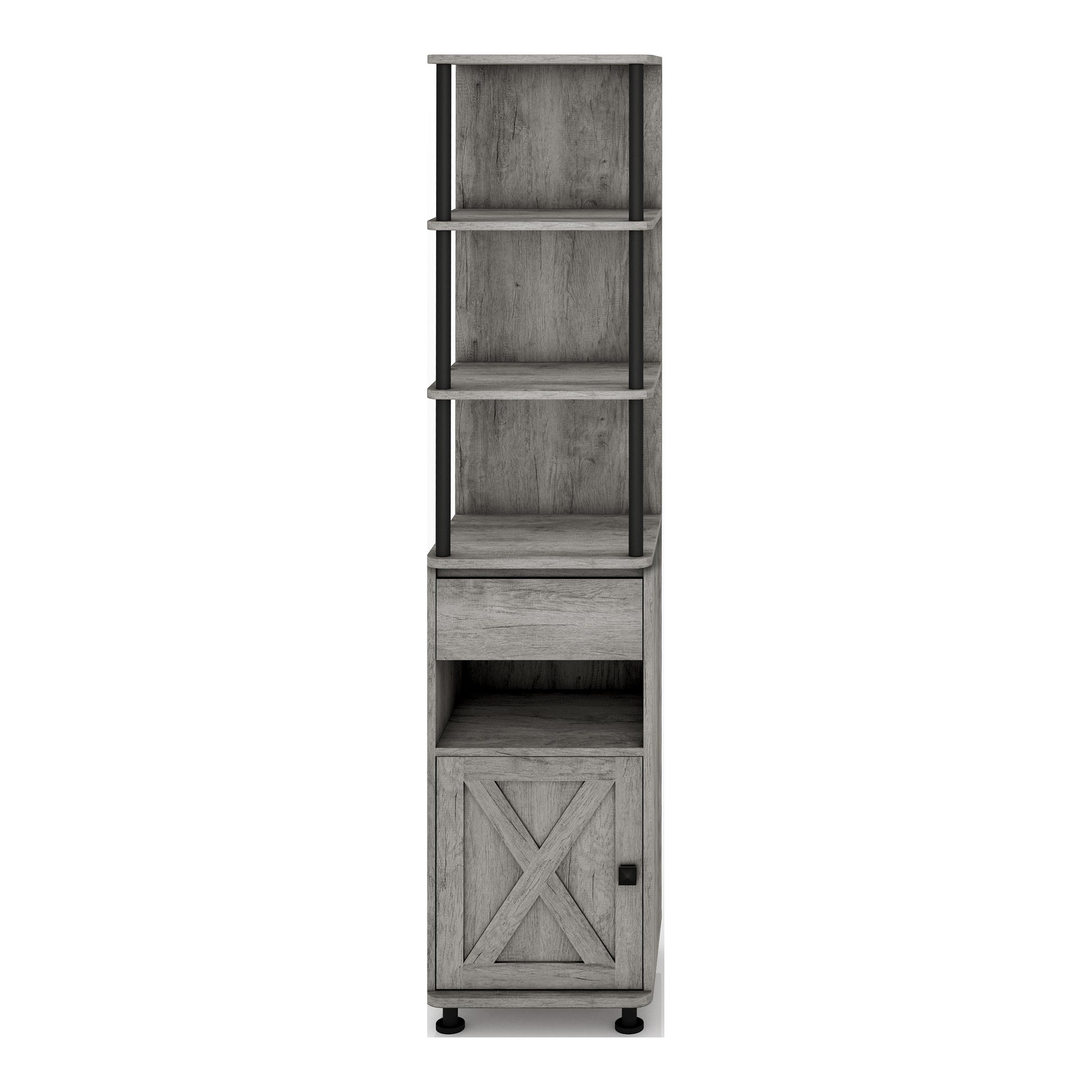 Left angled rustic vintage gray oak one-drawer one-door media pier on a white background