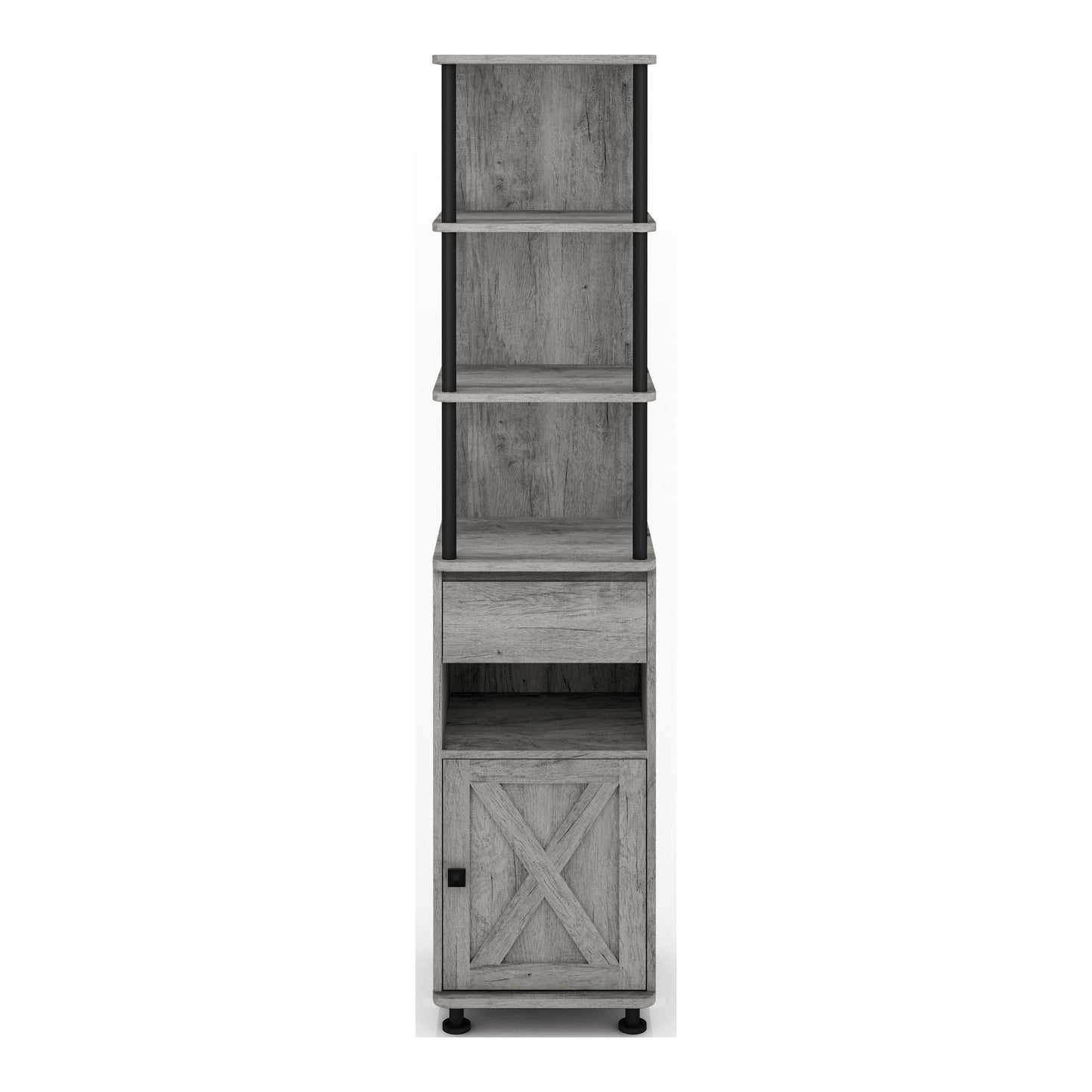 Front-facing rustic vintage gray oak one-drawer one-door media pier on a white background