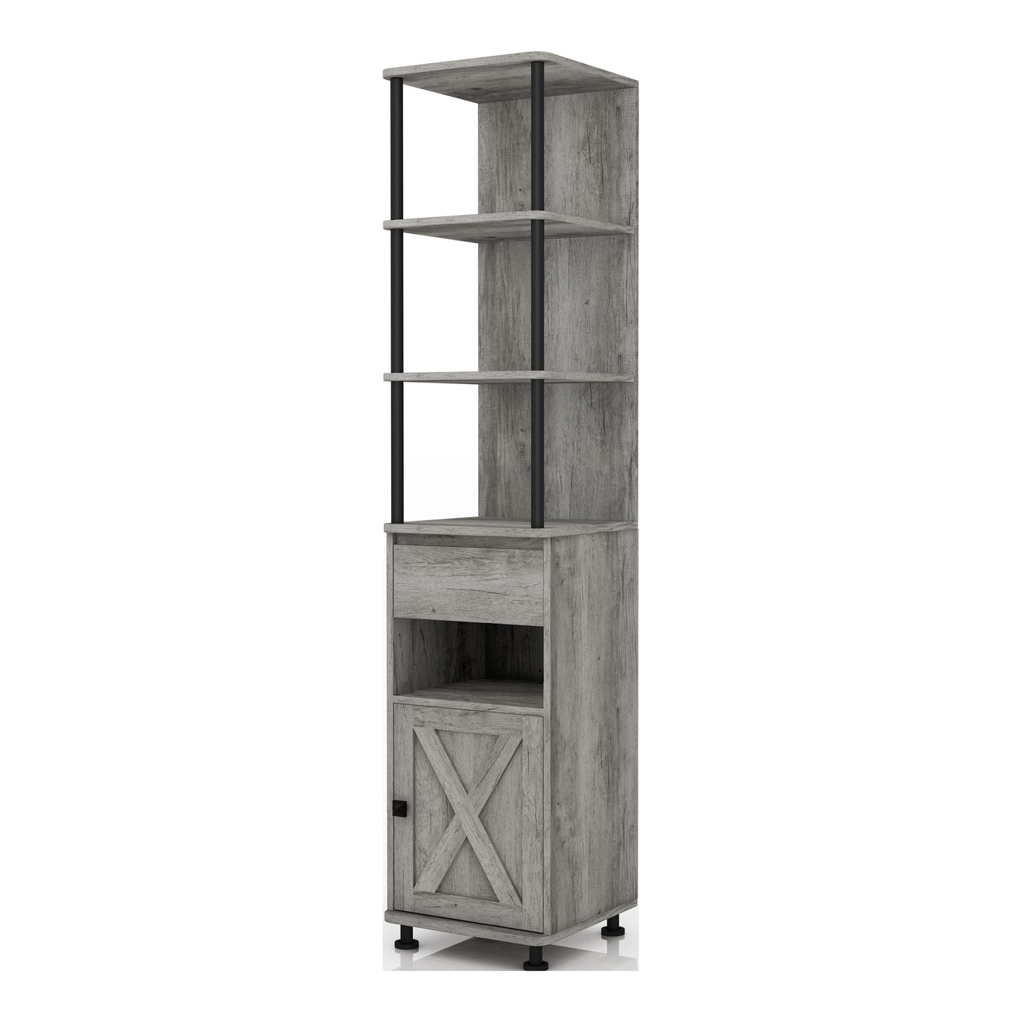 Left angled rustic vintage gray oak one-drawer one-door media pier on a white background