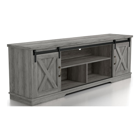 Right angled rustic vintage gray oak three-shelf two-cabinet TV stand on a white background