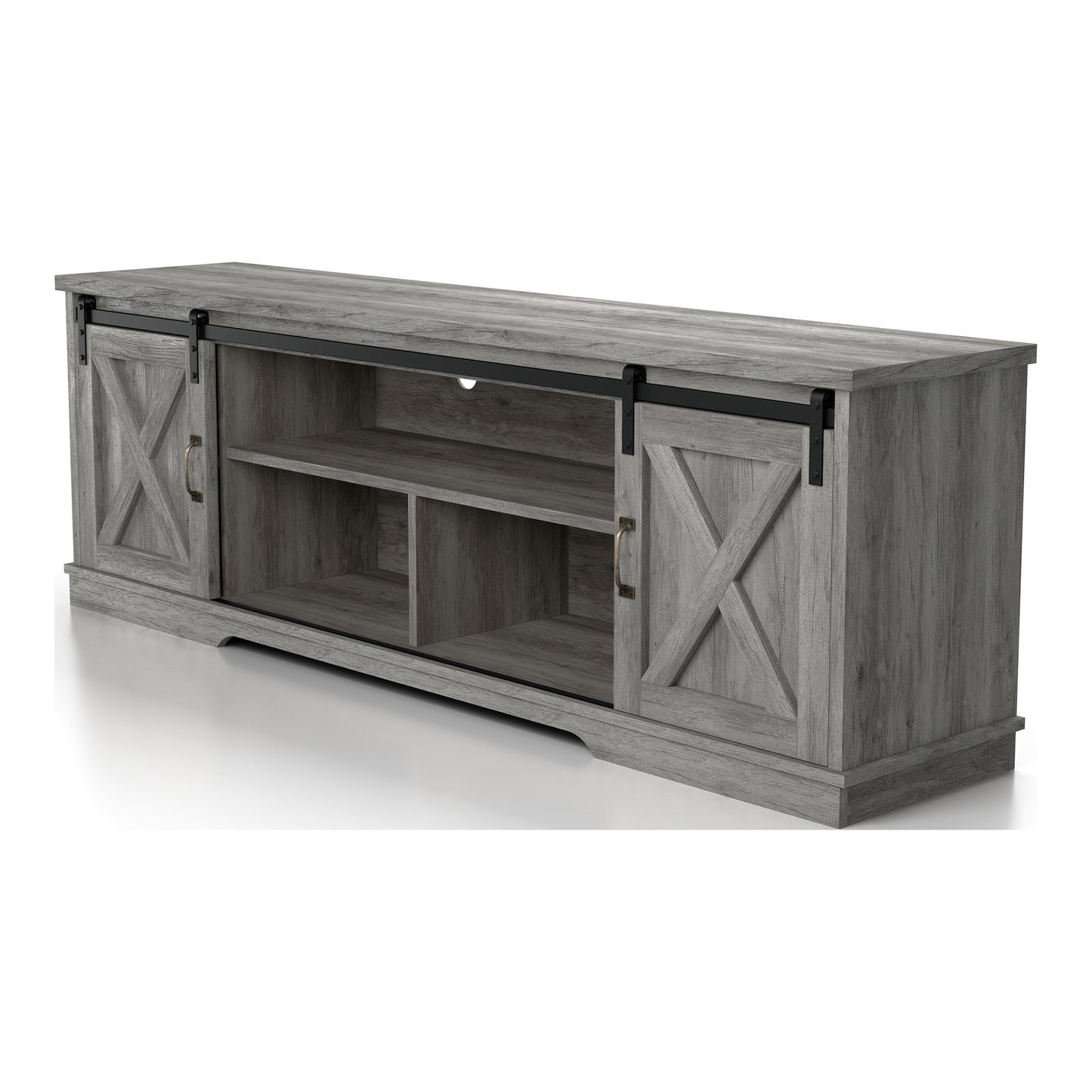 Left angled rustic vintage gray oak three-shelf two-cabinet TV stand on a white background